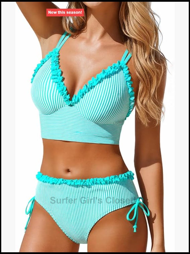 V-Neck Push Up Bikini Set With Mid-Waisted Briefs, Frill Swimsuits Two Piece